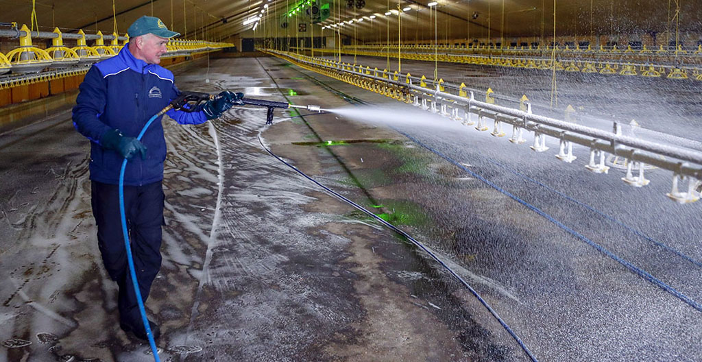 Nettoyage d'une mangeoire poule démontée au jet d'eau
