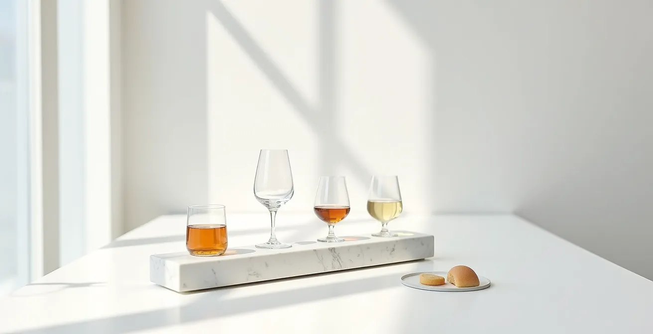 Environnement de dégustation minimaliste avec différents types de verres