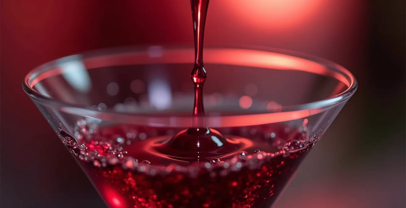 Vue macro du buvant ultra-fin d'un verre en cristallin avec le flux du vin