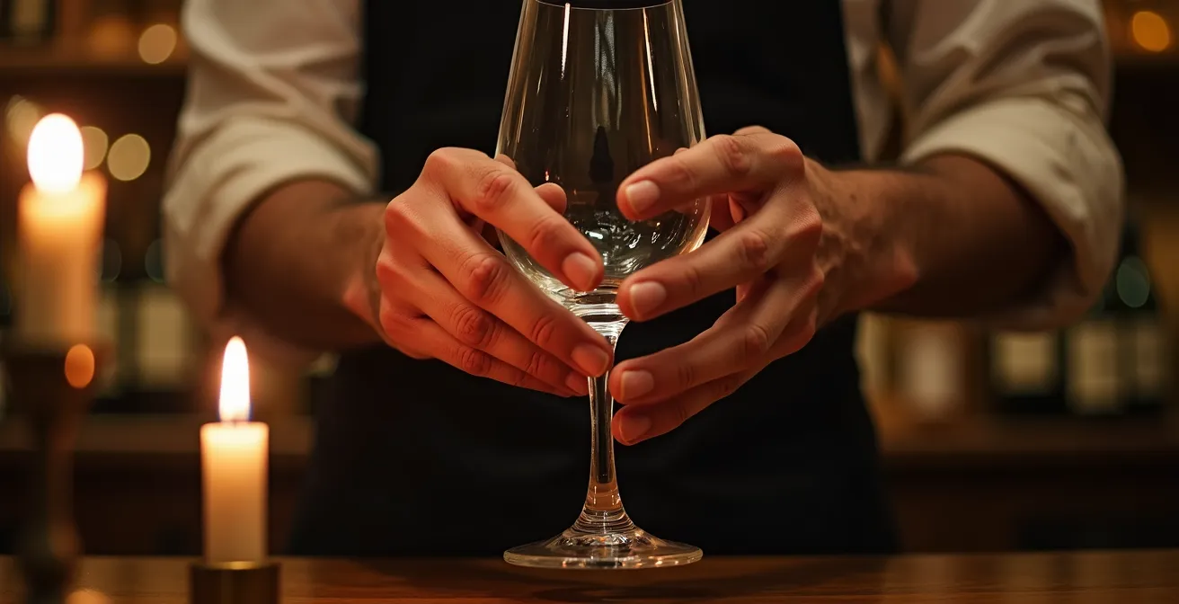 Mains d'expert tenant délicatement un verre en cristal soufflé