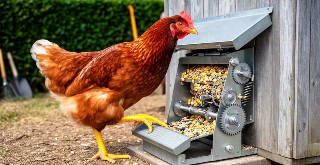 Poule actionnant le mécanisme à pédale d'une mangeoire anti-nuisibles
