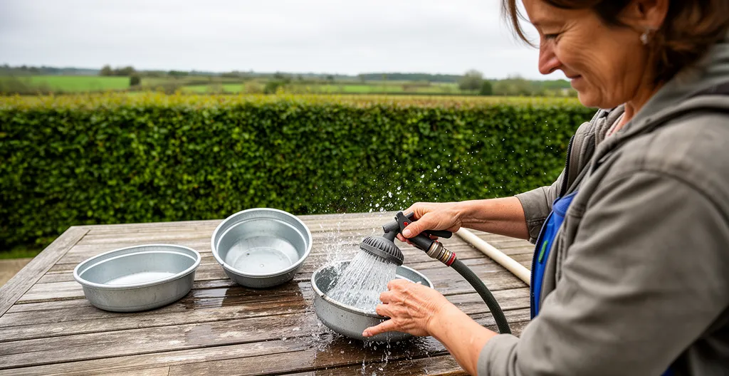 Nettoyage d'une mangeoire poule démontée au jet d'eau
