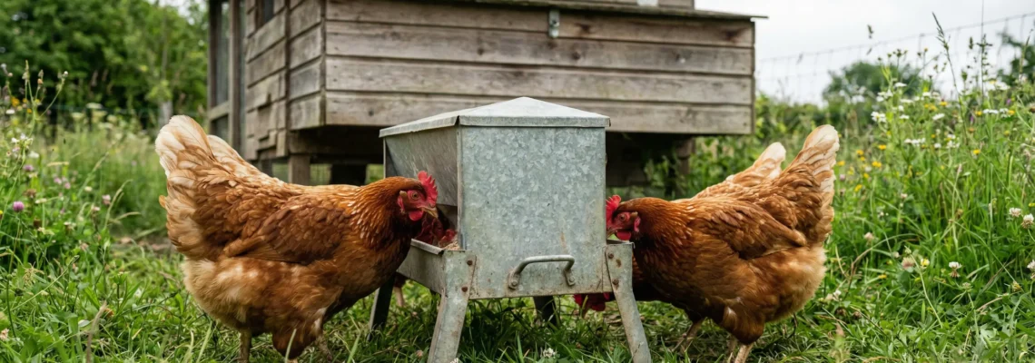 Poules pondeuses picorant dans une mangeoire hygiénique en tôle galvanisée