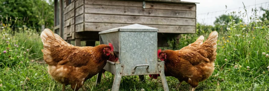 Poules pondeuses picorant dans une mangeoire hygiénique en tôle galvanisée