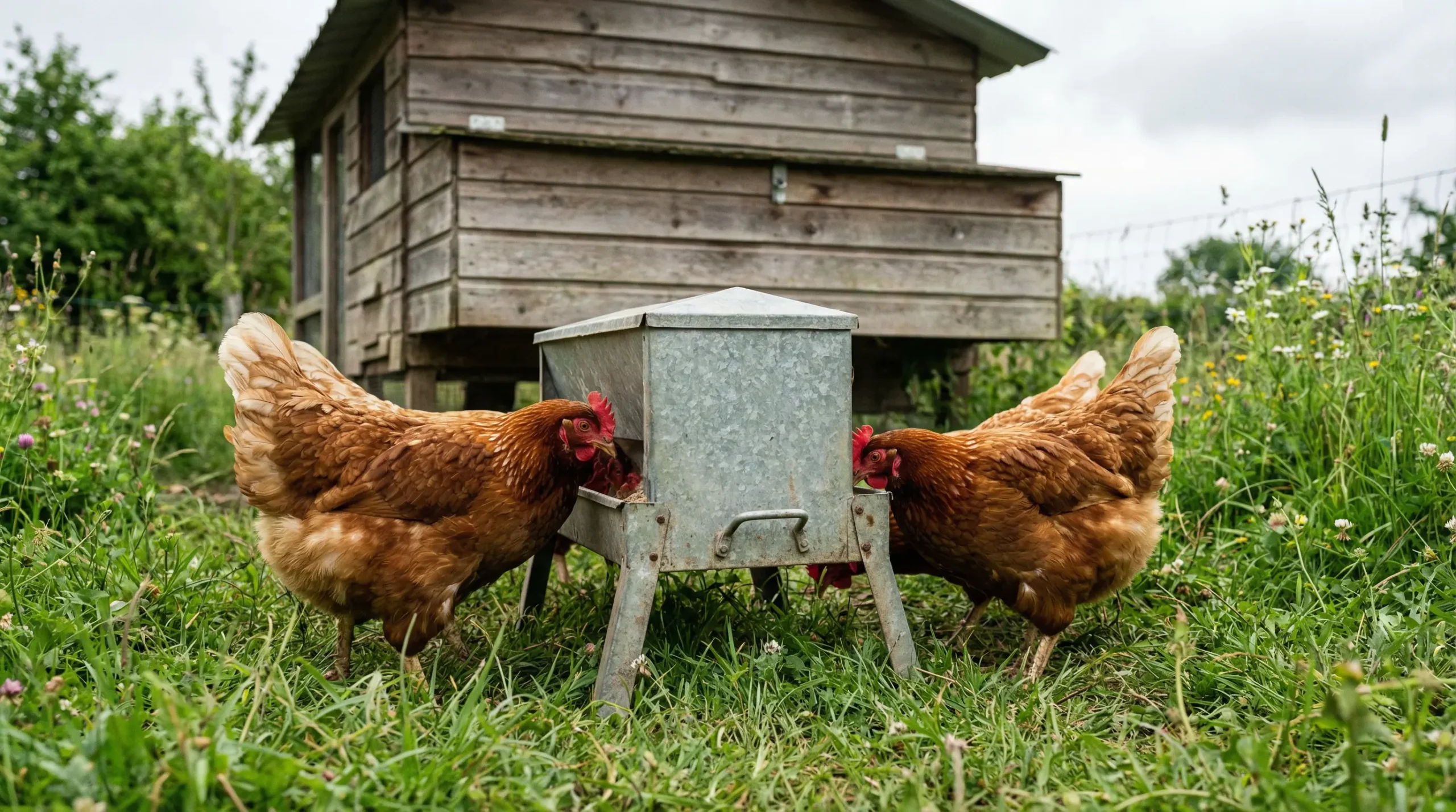 Poules pondeuses picorant dans une mangeoire hygiénique en tôle galvanisée