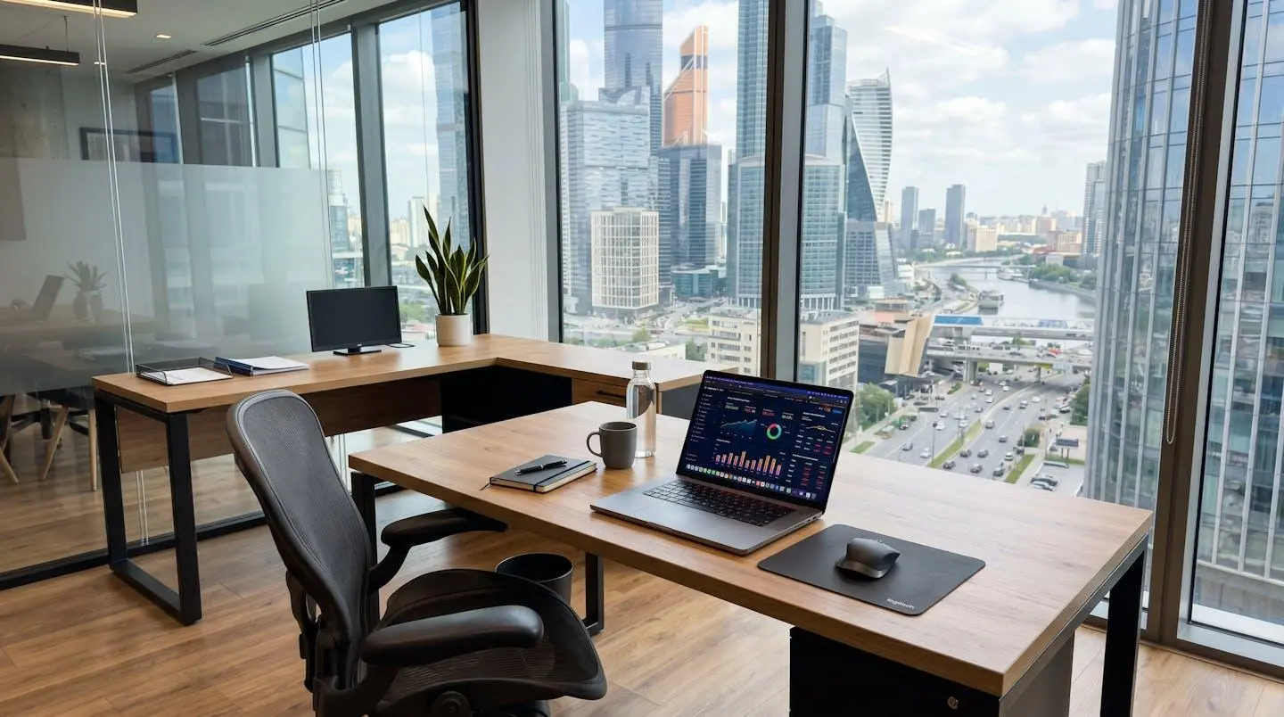 Bureau d'angle en bois avec retour sur caisson, chaise ergonomique en cuir, dans un espace lumineux avec grande baie vitrée