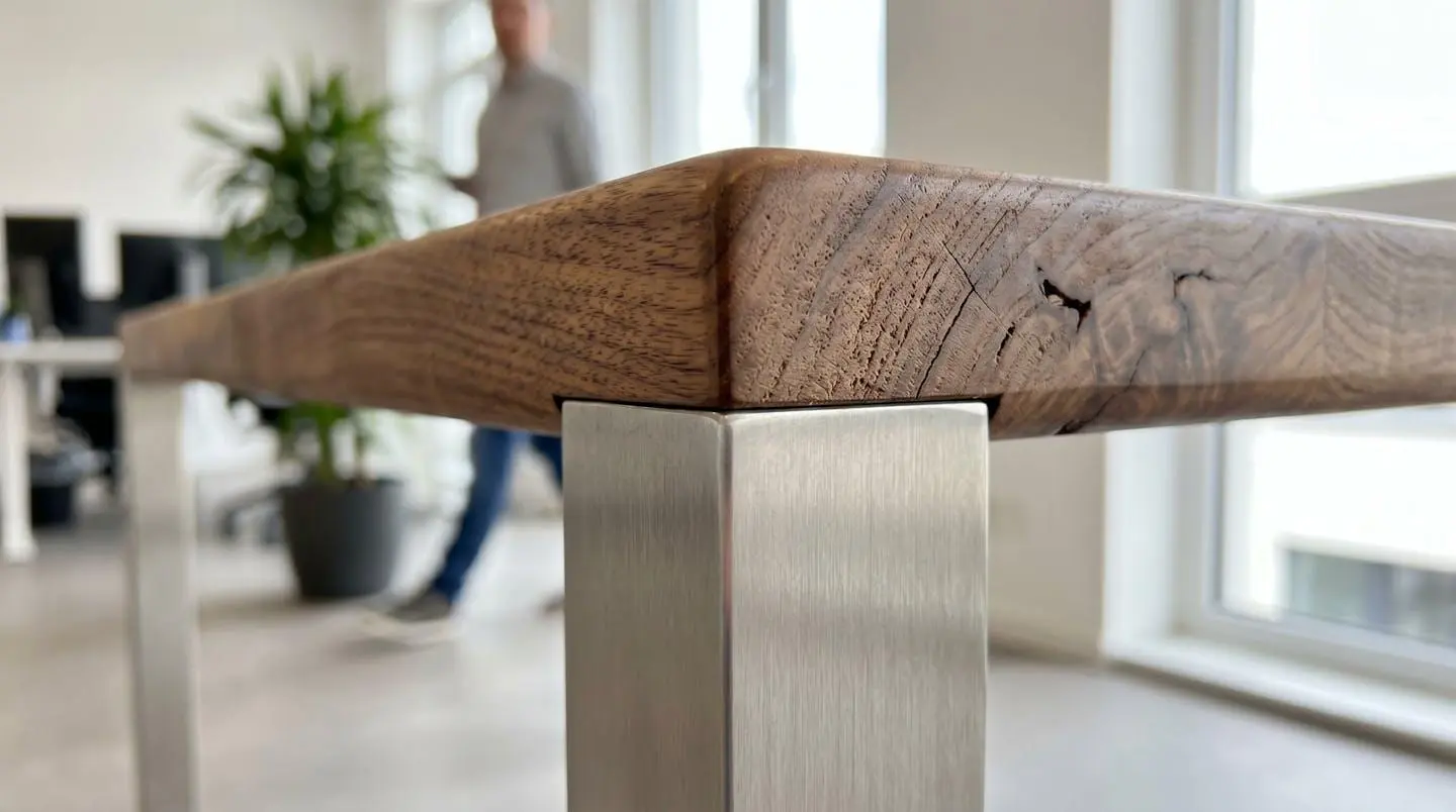 Gros plan sur l'angle d'un bureau montrant la texture du bois naturel et la jonction avec un piètement métallique moderne