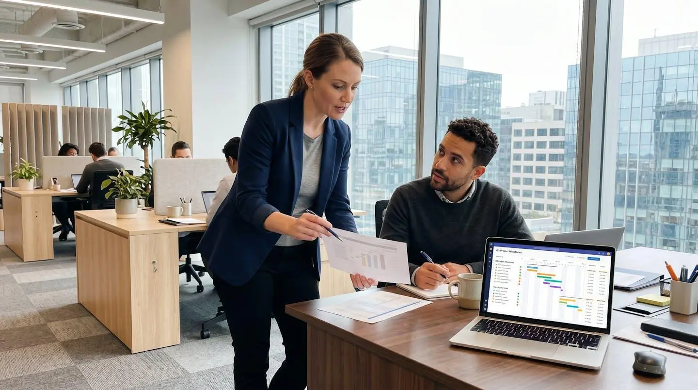 Un manager debout explique un document à un collaborateur assis, dans un bureau contemporain lumineux avec baie vitrée