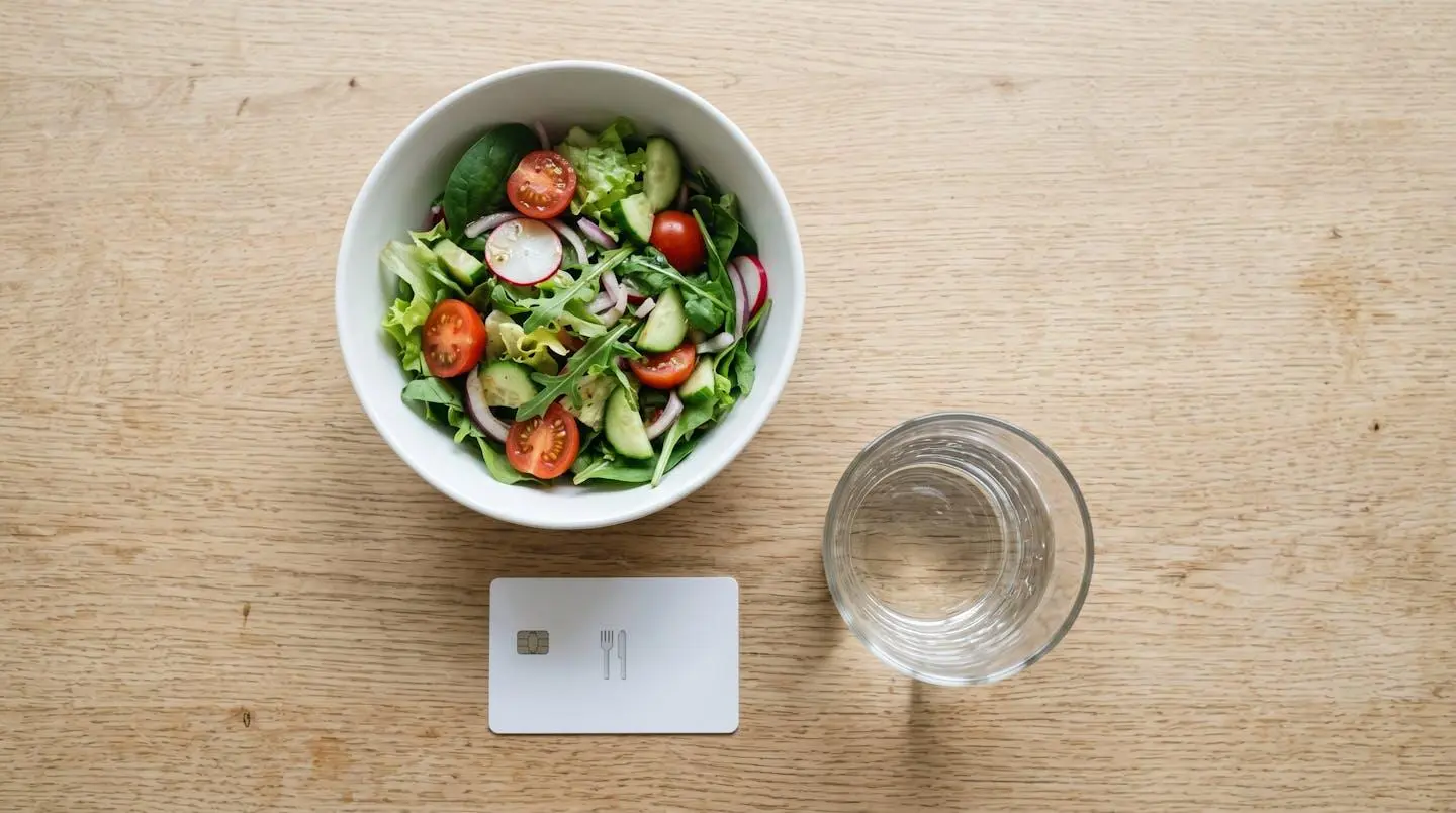 Carte de titre-restaurant posée à côté d'une assiette de salade et d'un verre d'eau.