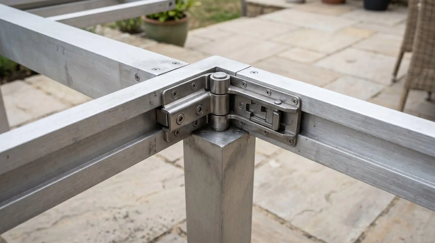 Détail d'un cadre en aluminium brossé d'une table de jardin extensible, texture mate et finition soignée