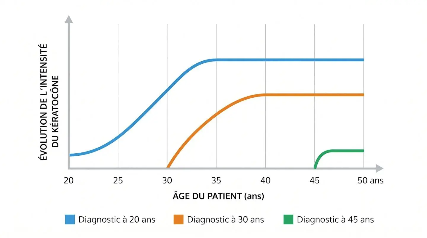 Graphique montrant trois courbes d'évolution du kératocône selon l'âge de diagnostic : évolution longue si diagnostic jeune, stabilisation rapide si diagnostic tardif.