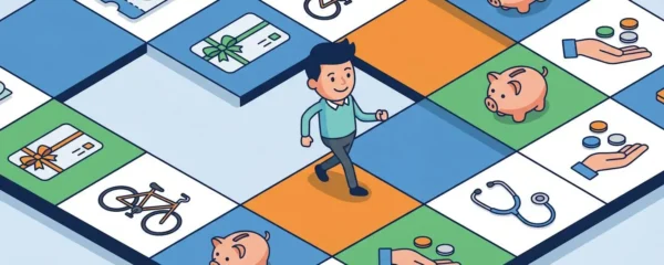 Plateau de jeu isométrique représentant six avantages sociaux différents, avec un personnage au centre.