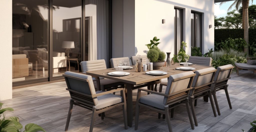 Vue d'ensemble d'un balcon aménagé avec chaises pliables empilables, table extensible et jardinières compactes, lumière naturelle douce