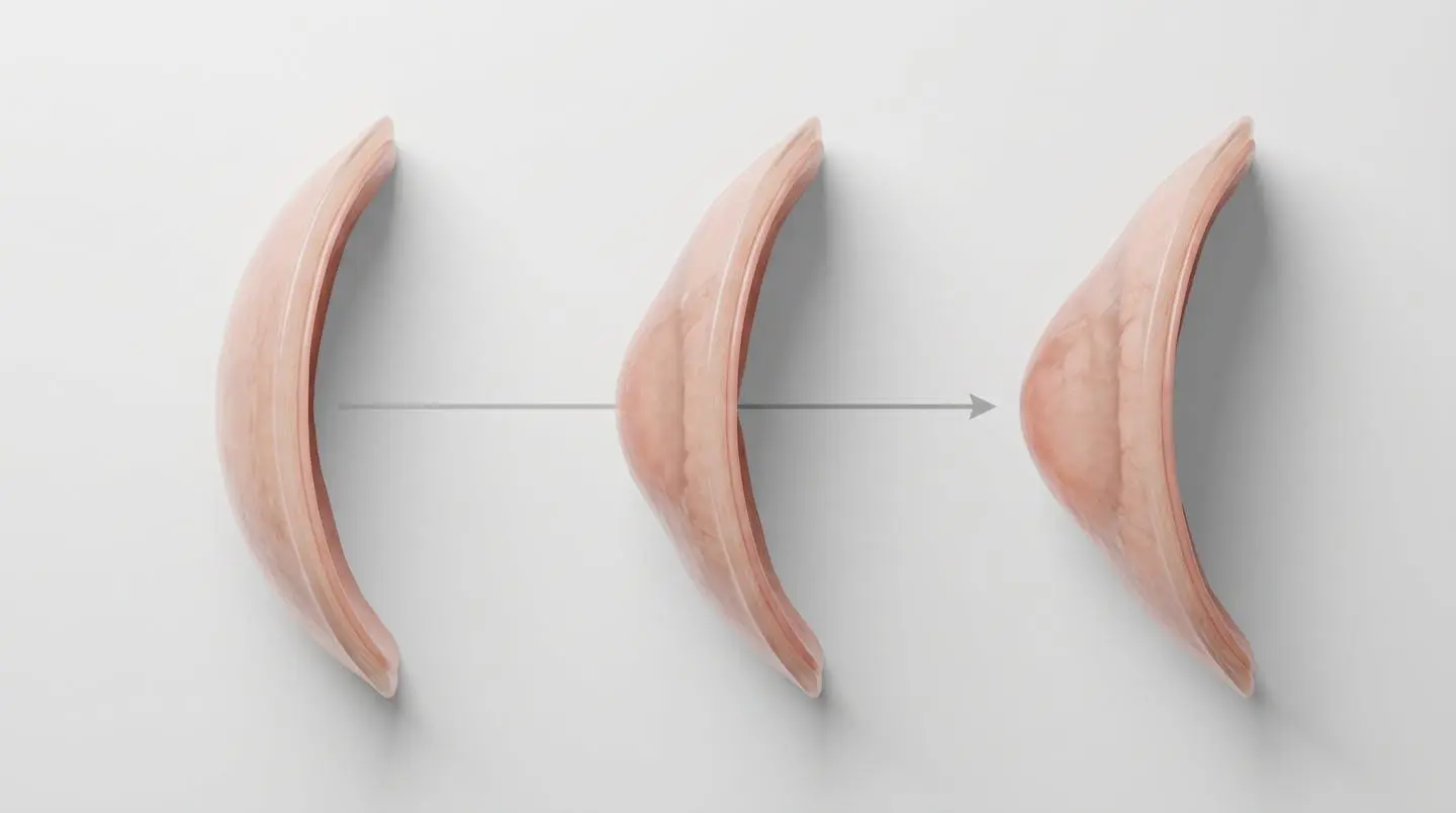 Illustration médicale montrant trois cornées en coupe : une cornée saine, un kératocône débutant et un kératocône avancé, symbolisant la progression de la maladie.