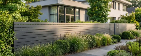 Clôture aluminium moderne à lames horizontales anthracite installée le long d'un jardin résidentiel contemporain avec végétation soignée et maison récente en arrière-plan