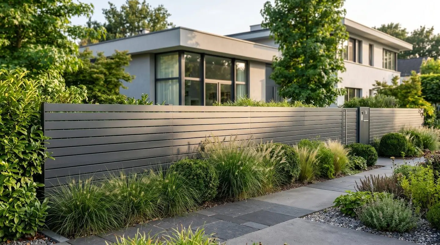 Clôture aluminium moderne à lames horizontales anthracite installée le long d'un jardin résidentiel contemporain avec végétation soignée et maison récente en arrière-plan