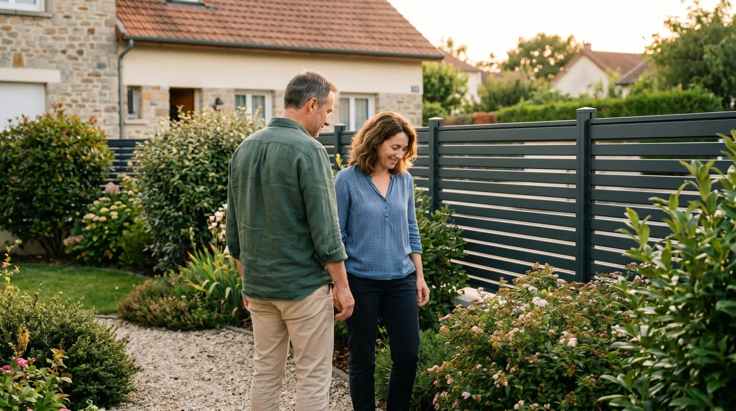 Couple d'âge moyen dans leur jardin résidentiel avec clôture aluminium anthracite moderne installée en arrière-plan, lumière dorée de fin de journée