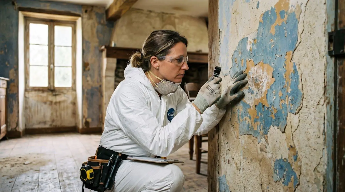 Expert en diagnostic immobilier inspectant les murs d'une maison ancienne pour détecter la présence de plomb ou d'amiante