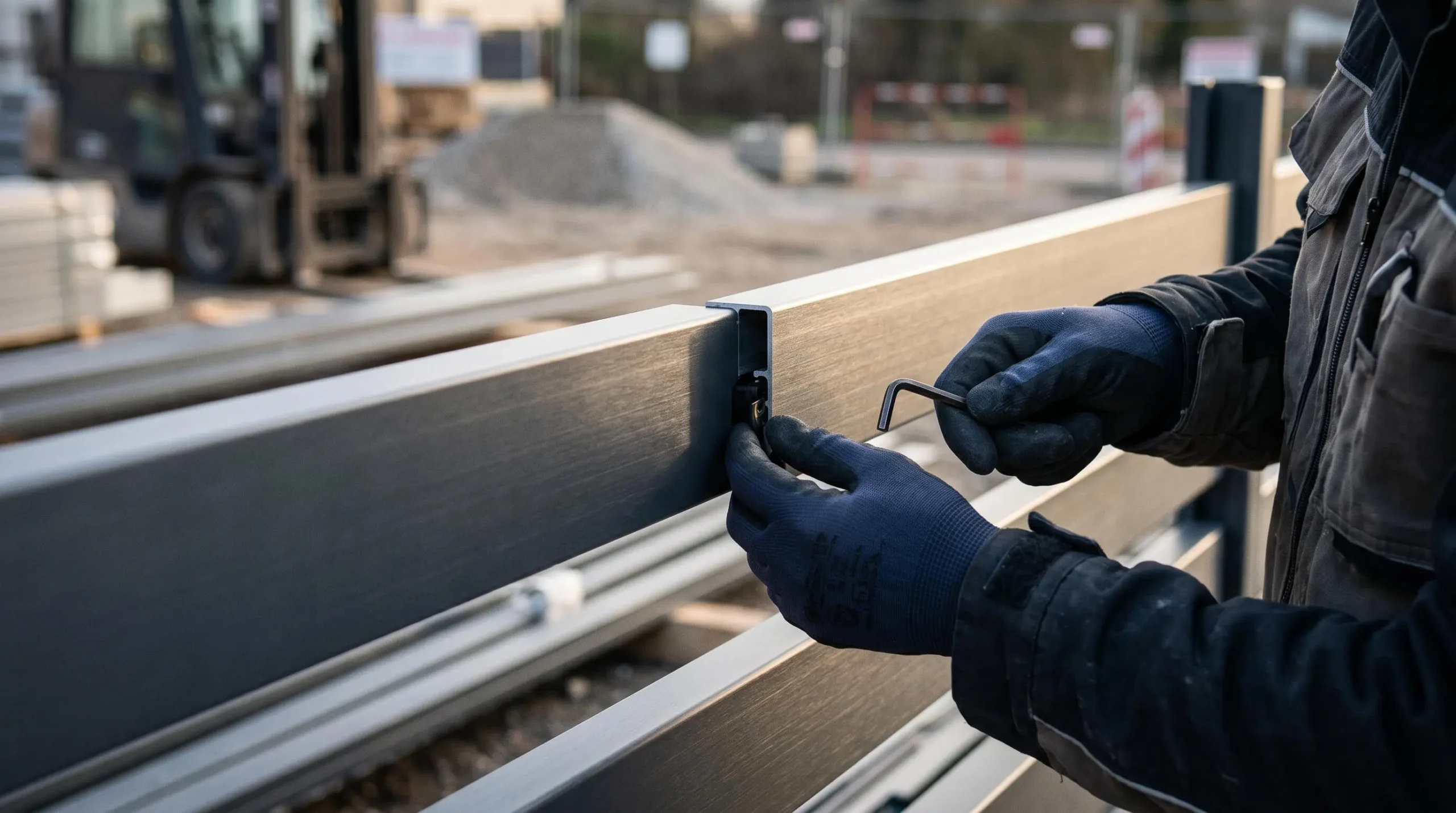 Gros plan sur le système de fixation invisible entre deux lames de clôture aluminium anthracite, mains gantées d'un technicien ajustant la jonction