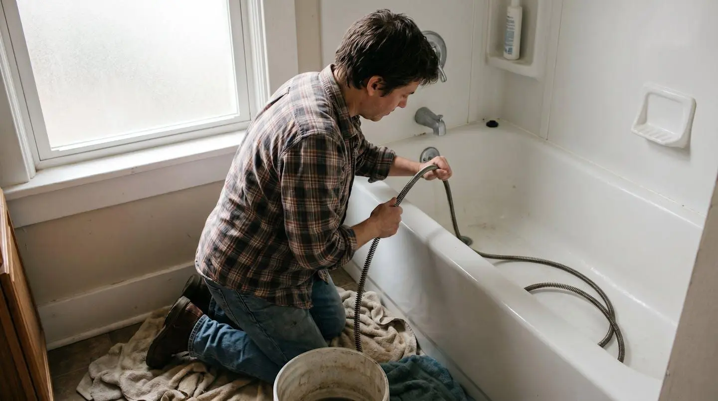 Main utilisant un furet de débouchage manuel dans le siphon d'une baignoire, approche mécanique sans produit chimique