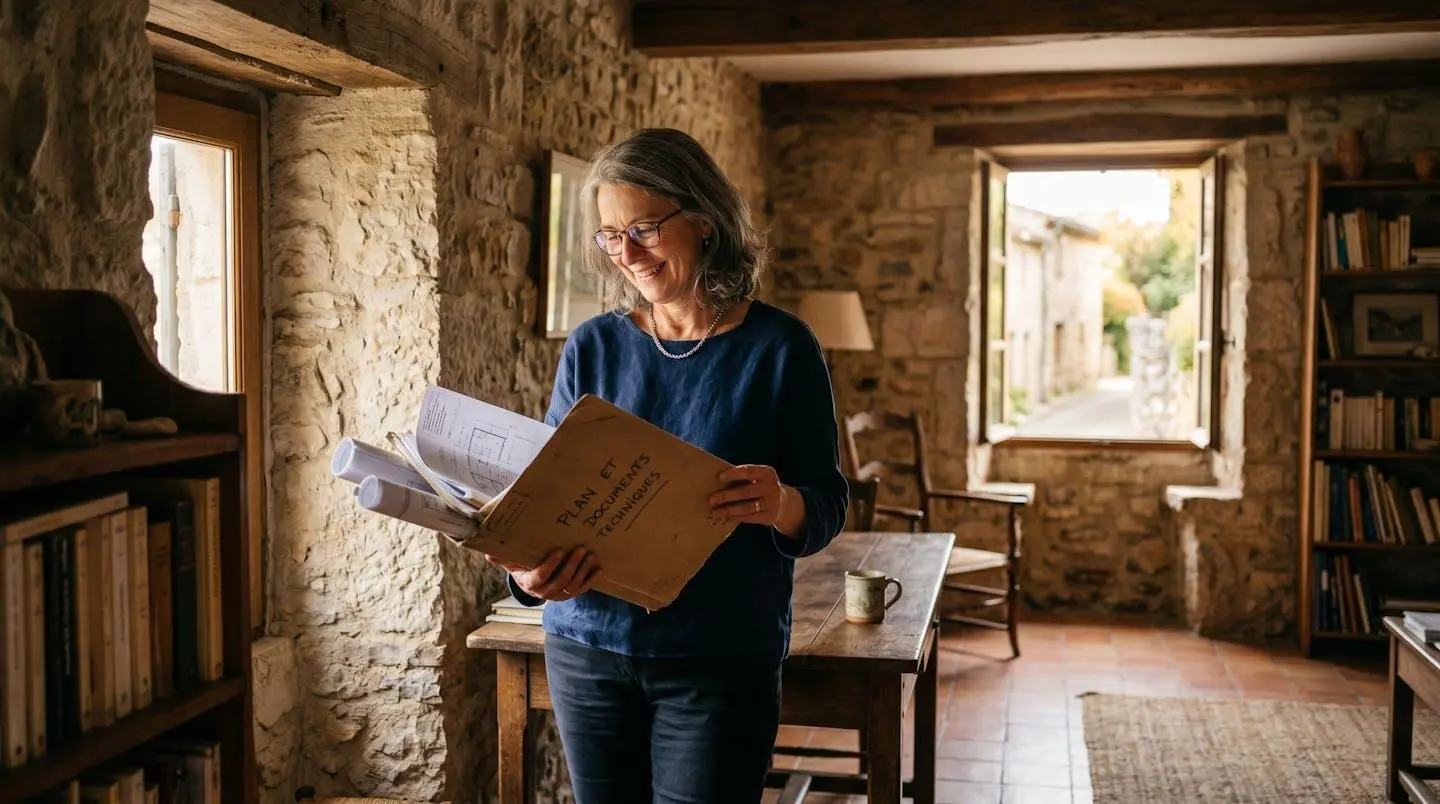 Propriétaire d'une maison ancienne en Pyrénées-Orientales tenant un dossier de diagnostics immobiliers