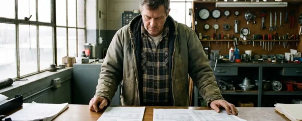 Responsable technique d'une PME examinant des documents énergétiques dans un atelier industriel