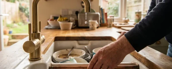 Robinet de cuisine présentant une fuite d'eau visible, avec une main de particulier tentant d'identifier l'origine du problème