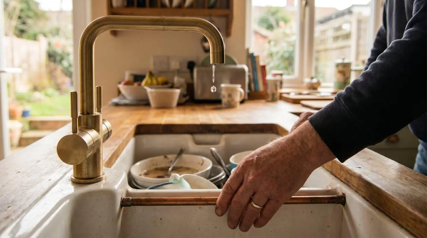 Robinet de cuisine présentant une fuite d'eau visible, avec une main de particulier tentant d'identifier l'origine du problème