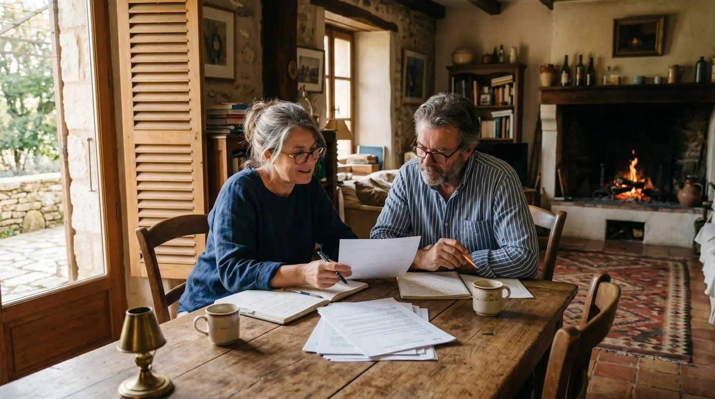 Vendeur et acquéreur discutant d'un dossier de diagnostics immobiliers lors d'une visite de maison ancienne