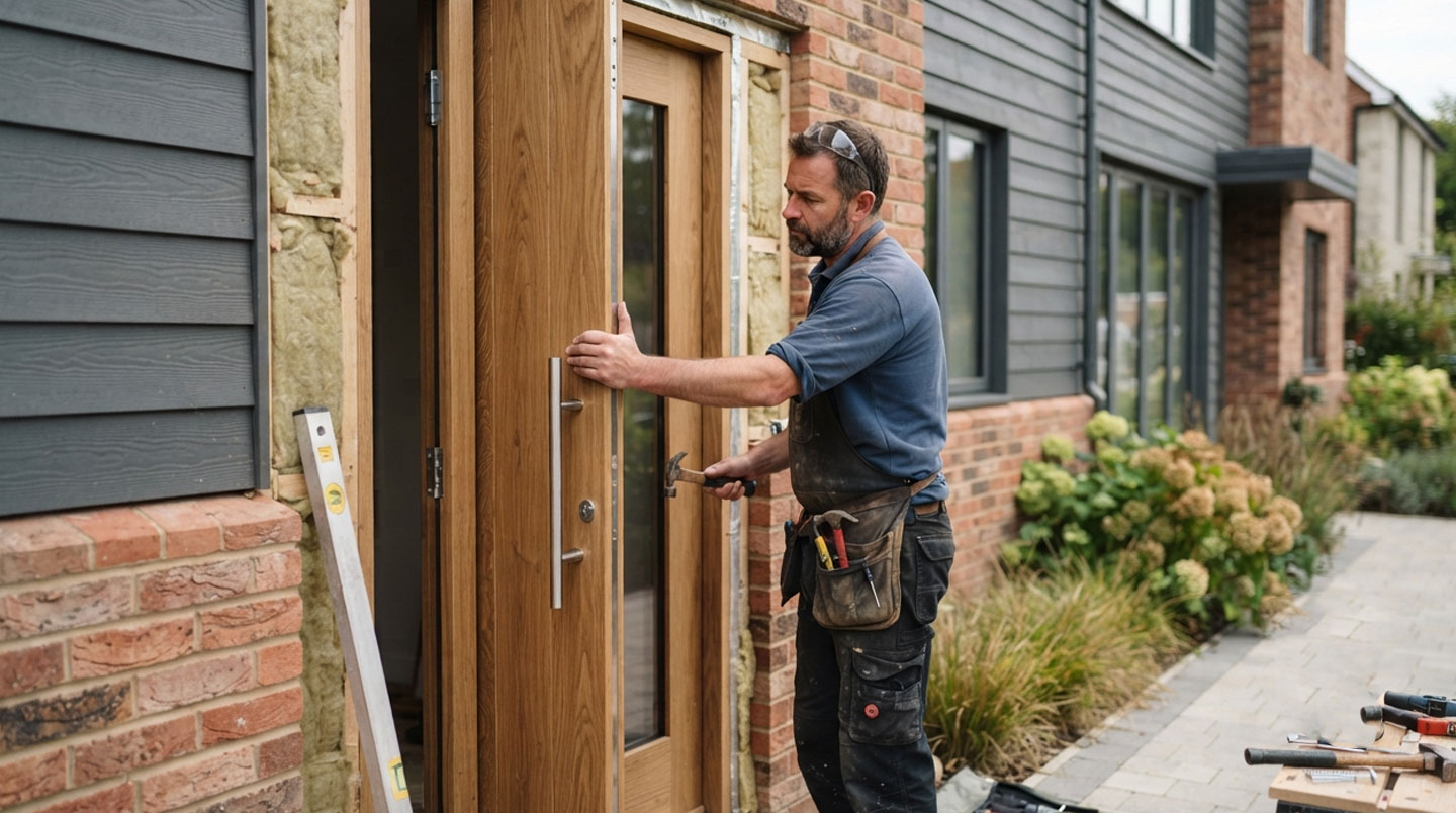 Poseur professionnel vérifiant l'aplomb d'une porte d'entrée sur mesure en aluminium avec un niveau numérique sur chantier