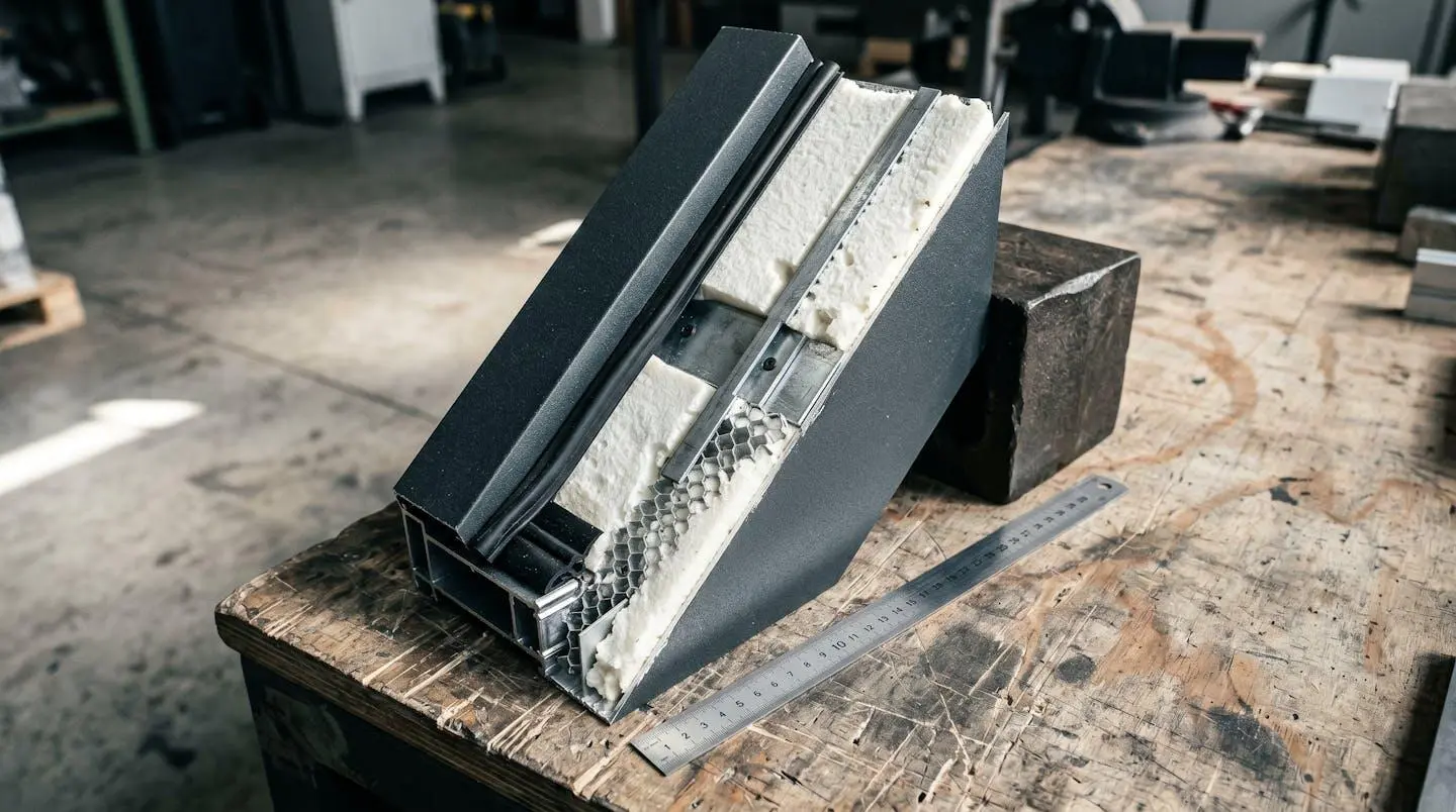 Coupe réelle d'une porte sur mesure montrant les couches d'isolation polyuréthane et les renforts métalliques internes