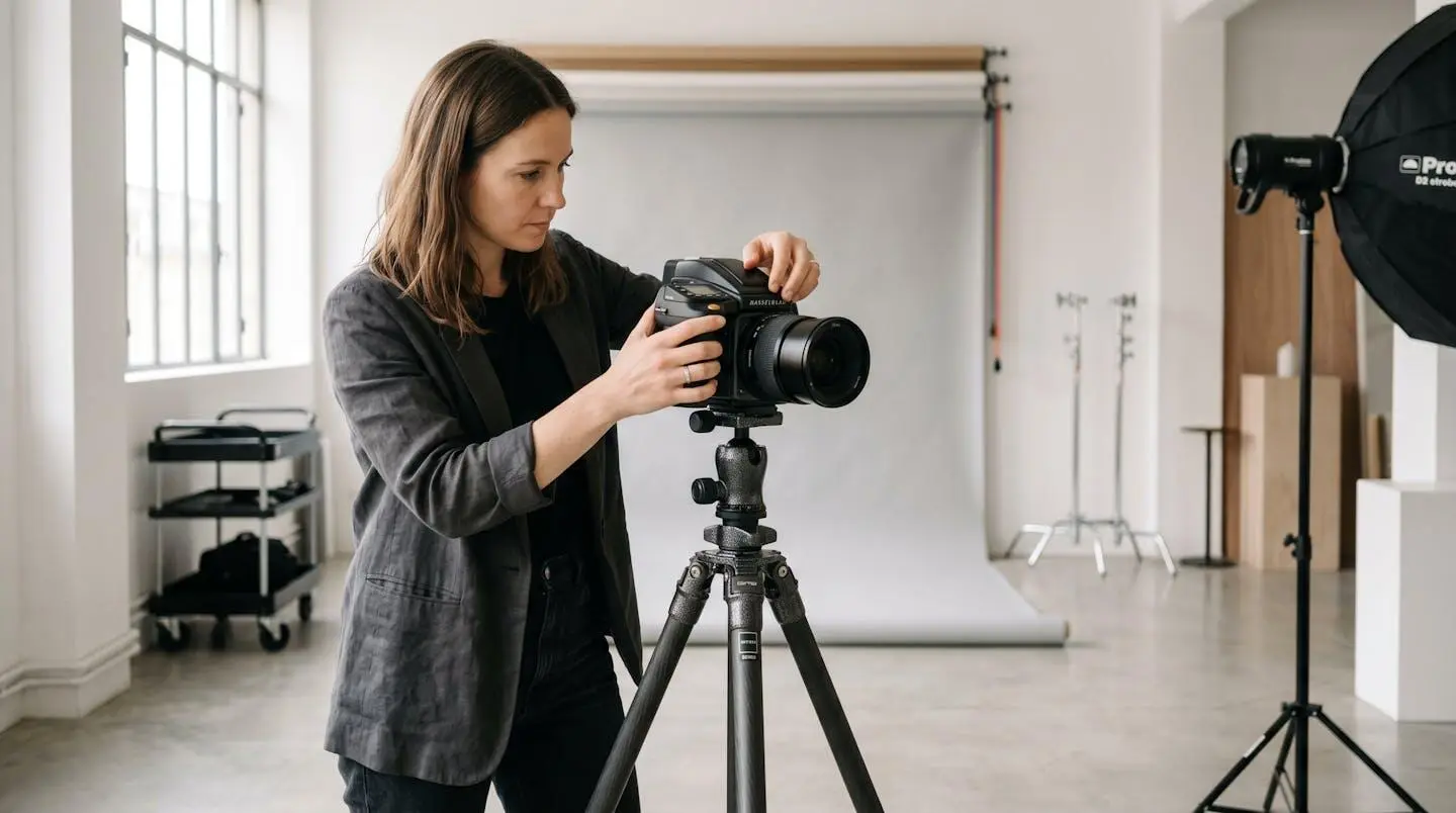 Photographe professionnel ajustant les réglages d'un appareil photo haut de gamme monté sur trépied dans un studio photo moderne avec équipement d'éclairage en arrière-plan
