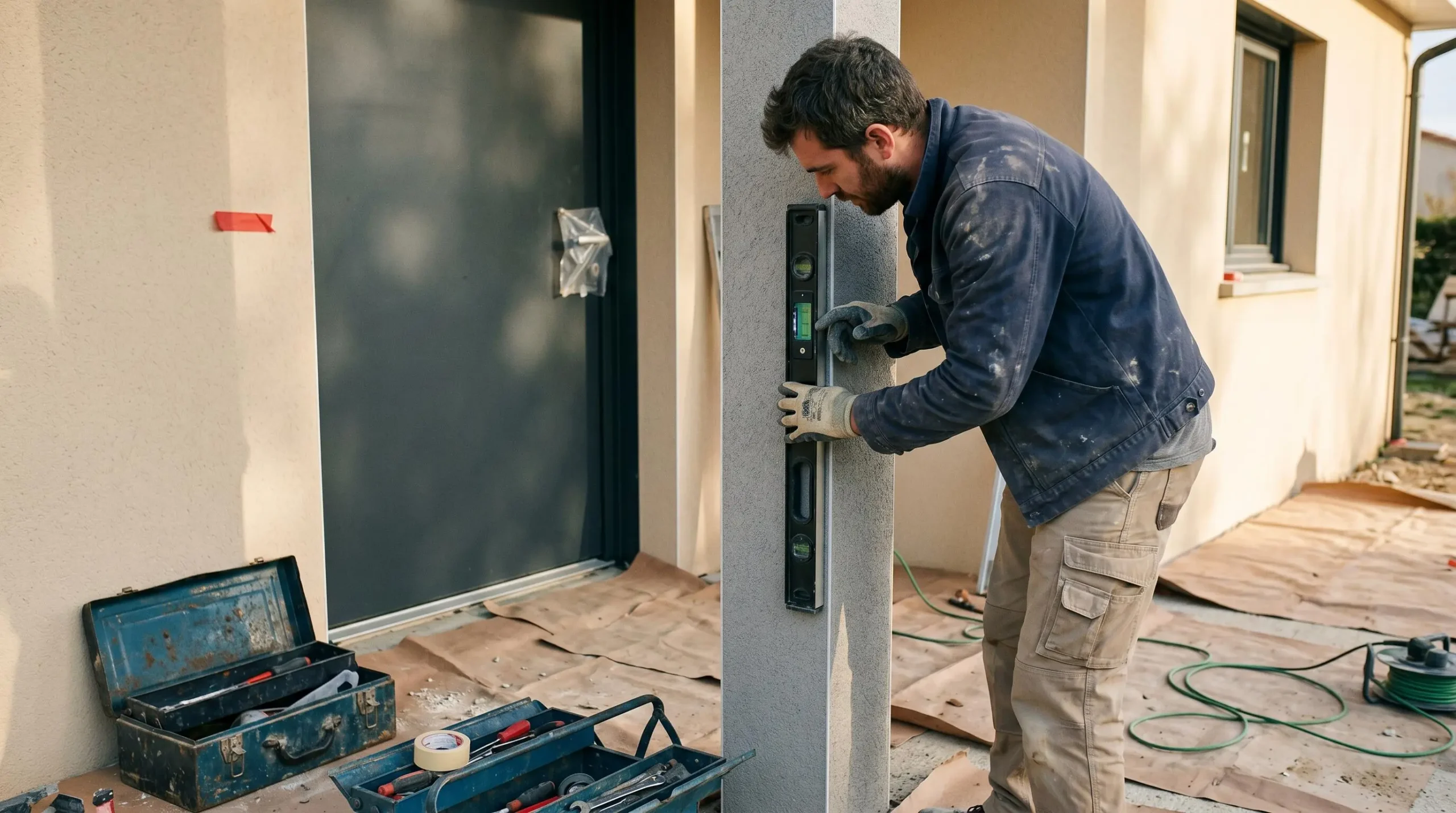 Poseur professionnel vérifiant l'aplomb d'une porte d'entrée sur mesure en aluminium avec un niveau numérique sur chantier