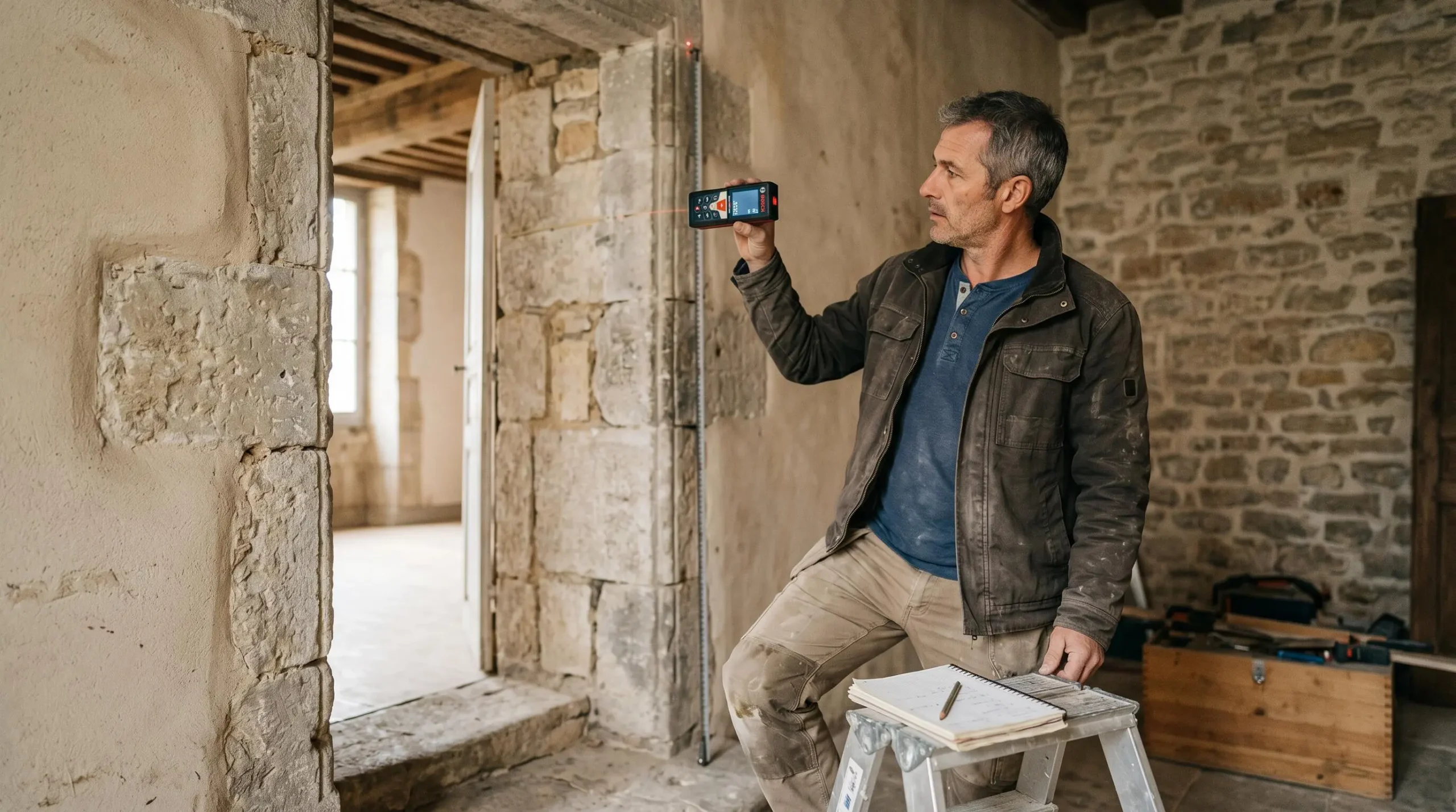 Technicien mesurant au laser un encadrement de porte ancien en pierre dans une maison en rénovation
