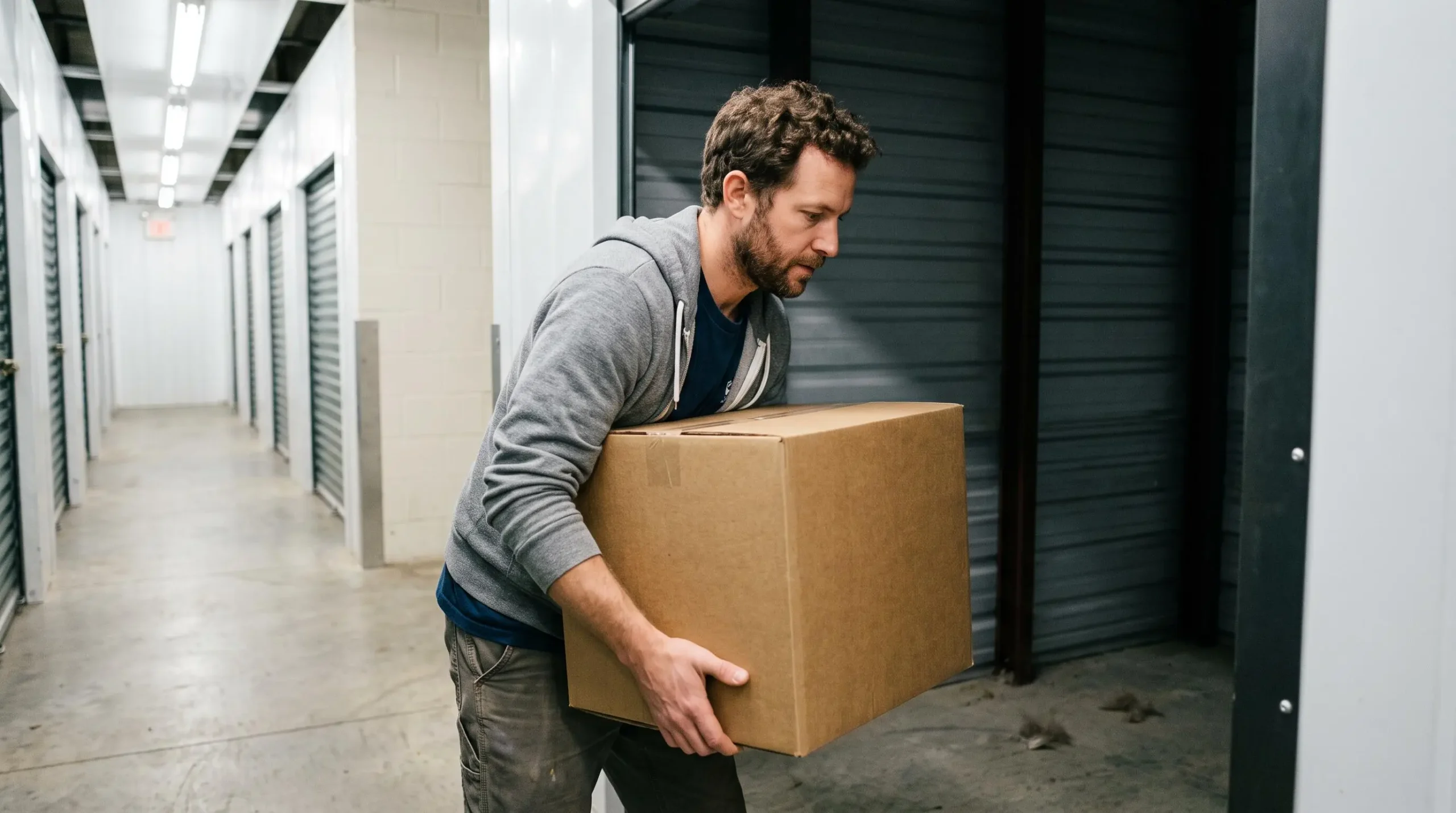 Personne chargeant un carton de déménagement dans un box de self-stockage ouvert