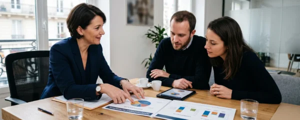 Conseiller financier en rendez-vous avec un couple autour d'un bureau, discutant de documents d'allocation patrimoniale dans un cabinet moderne