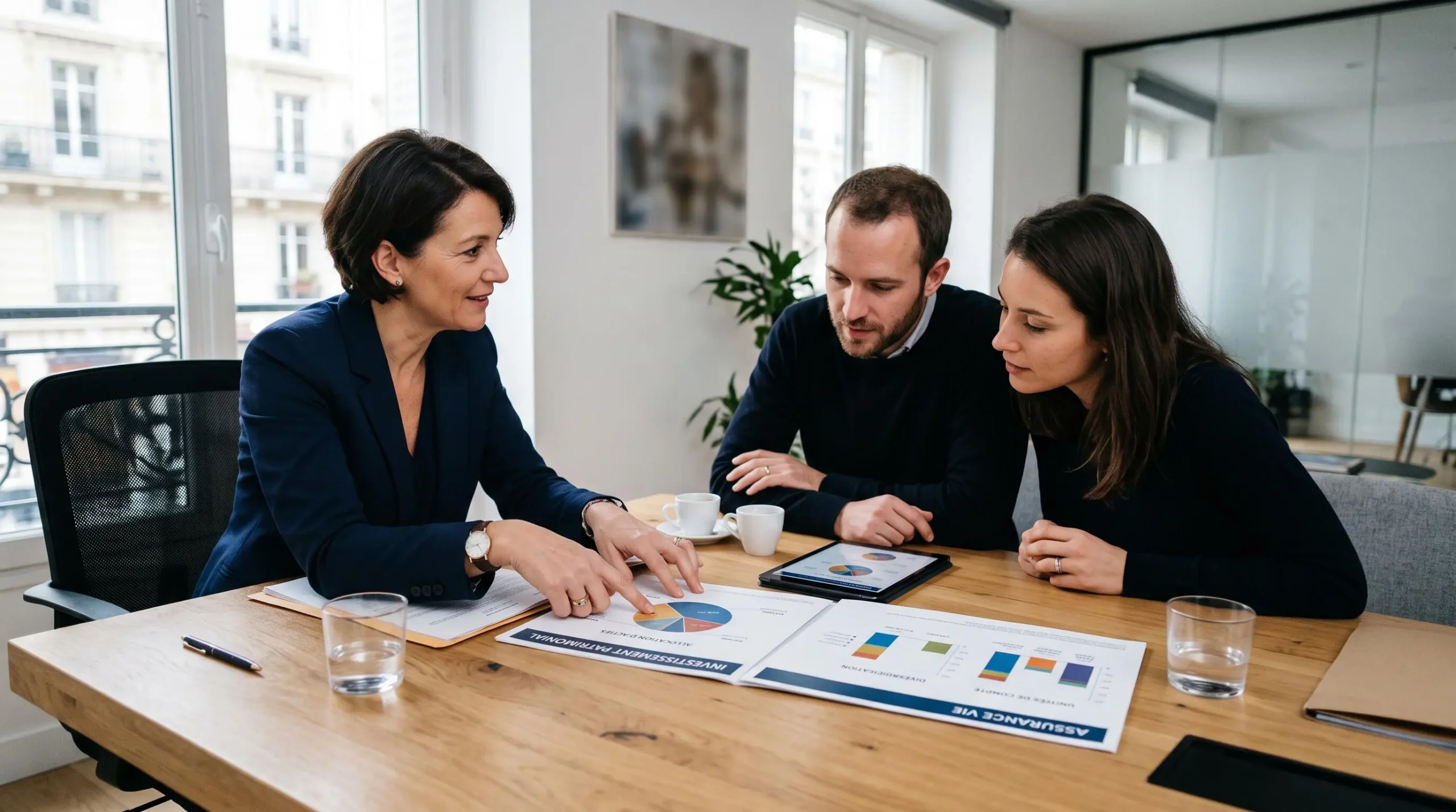 Conseiller financier en rendez-vous avec un couple autour d'un bureau, discutant de documents d'allocation patrimoniale dans un cabinet moderne