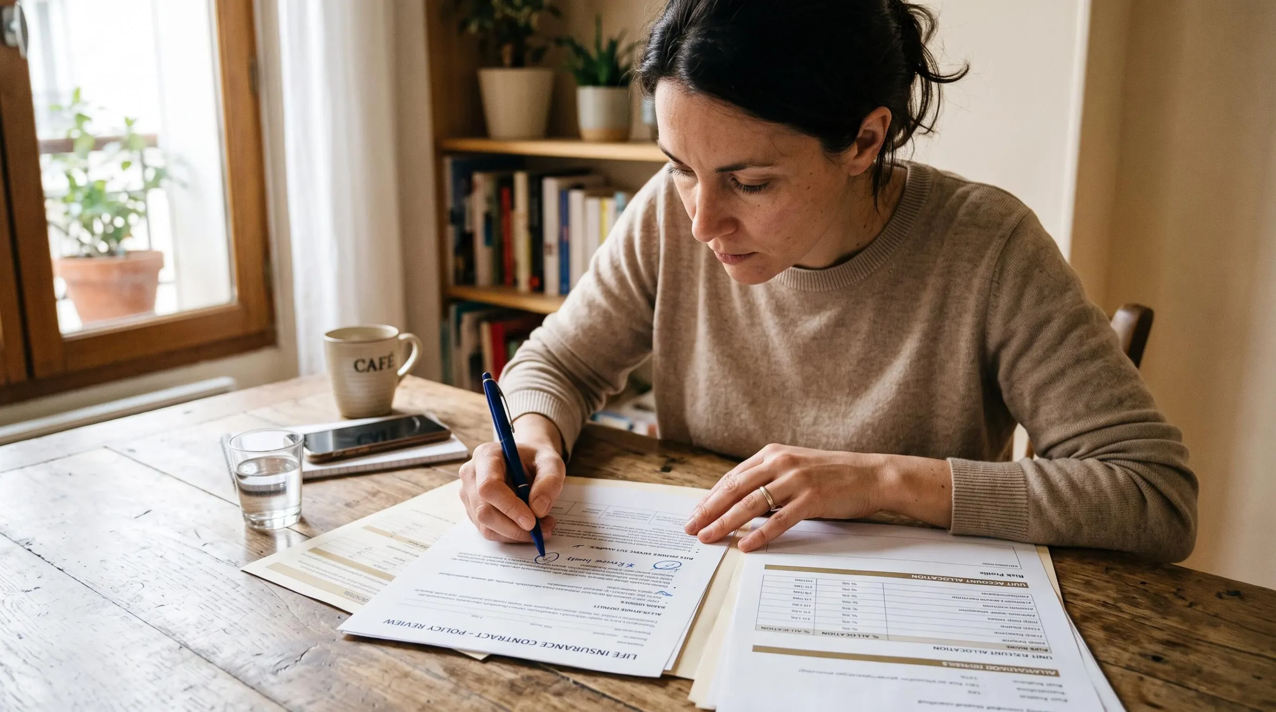Femme consultant des documents de contrat d'assurance vie et détails d'allocation à son bureau à domicile