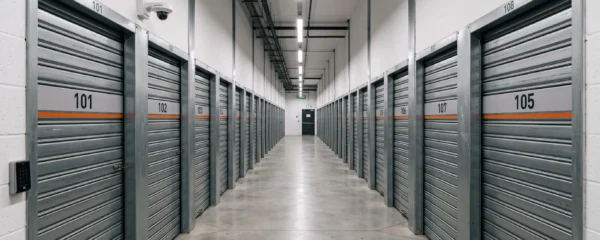 Couloir intérieur d'un centre de self-stockage moderne avec boxes de rangement individuels sécurisés