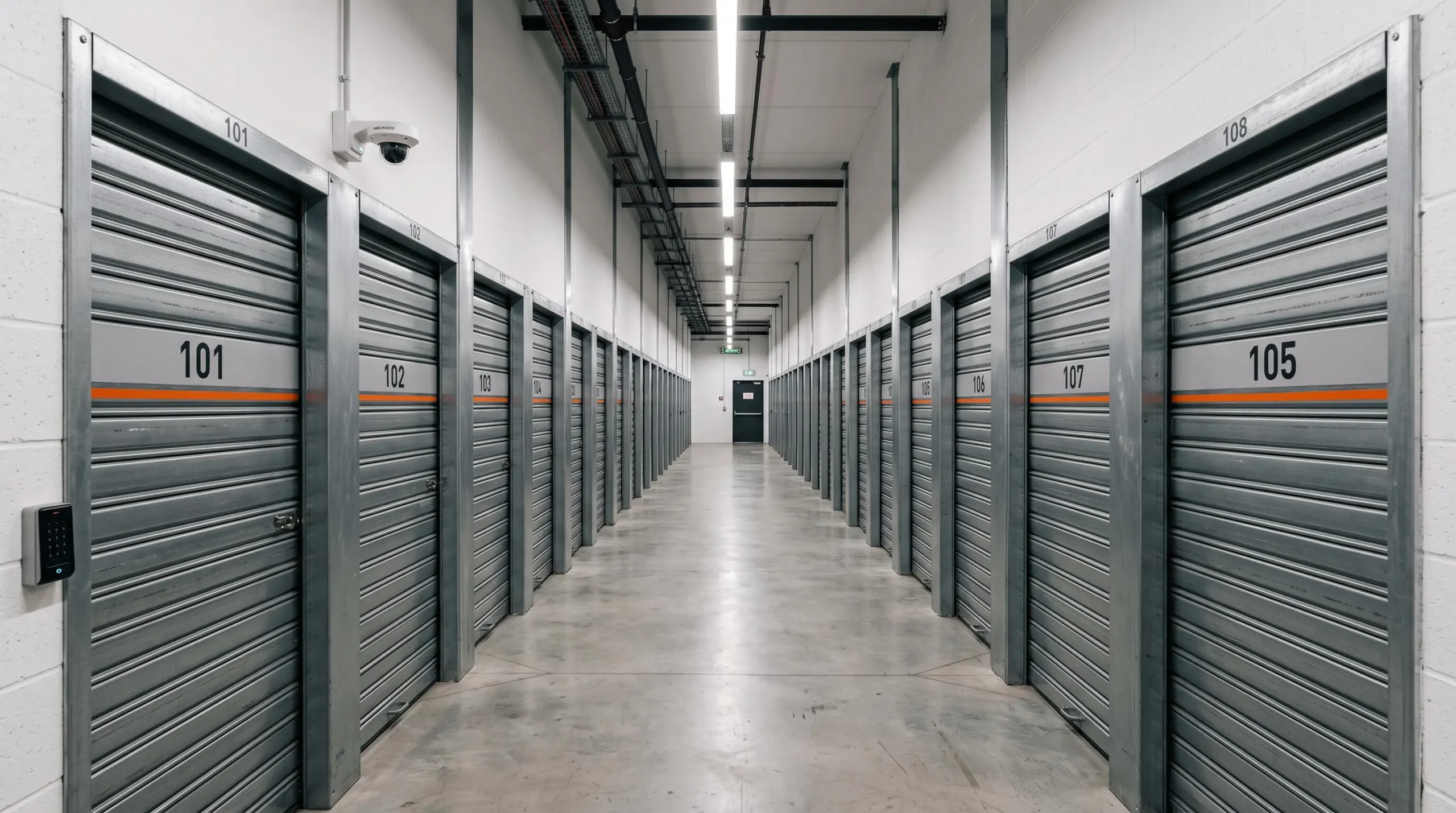 Couloir intérieur d'un centre de self-stockage moderne avec boxes de rangement individuels sécurisés