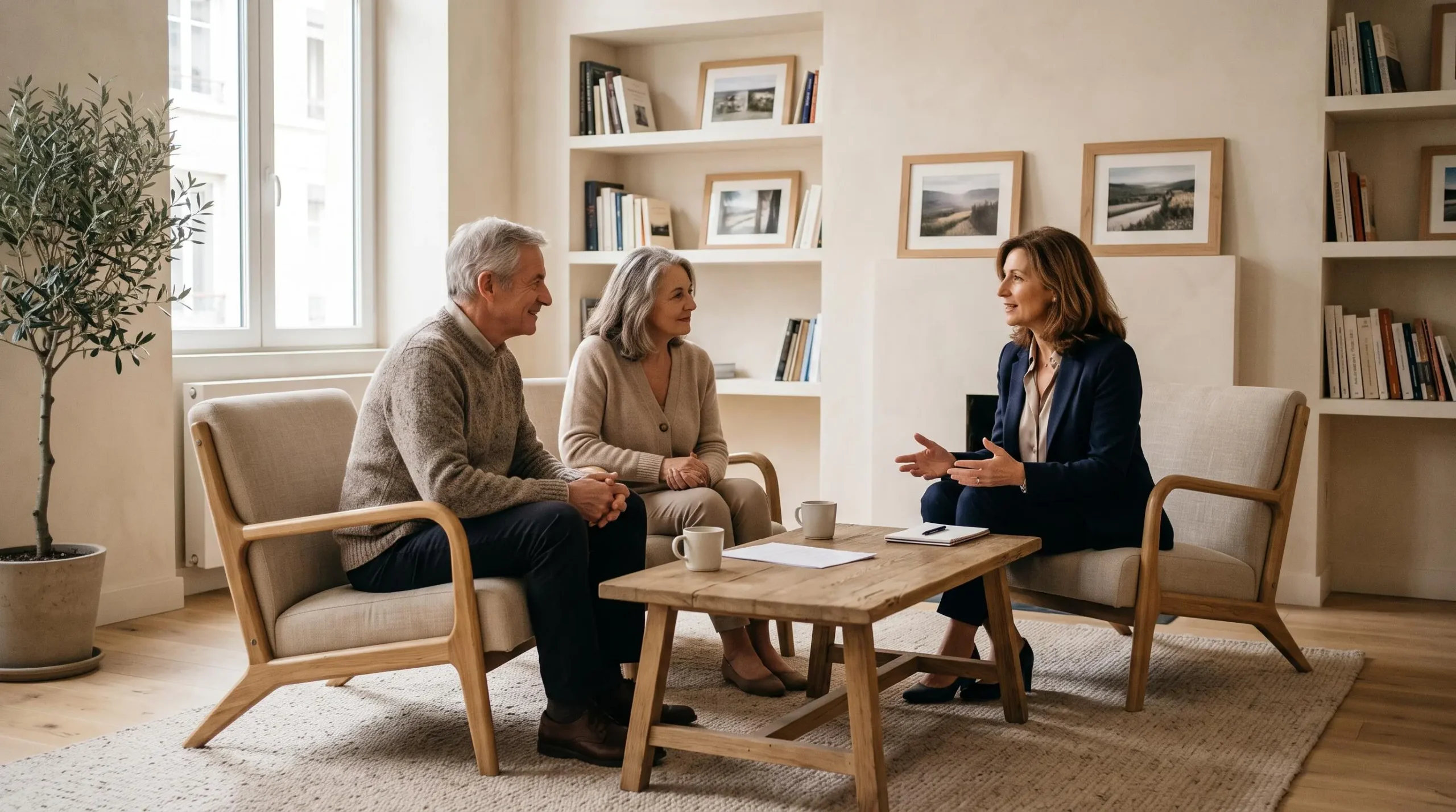 Couple de seniors en rendez-vous avec une conseillère financière dans un cadre accueillant pour planification patrimoniale long terme