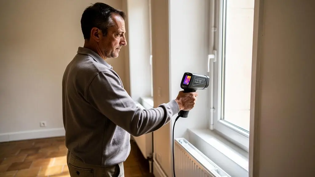 Consultant en efficacité énergétique réalisant un diagnostic thermique avec un appareil de mesure dans un logement