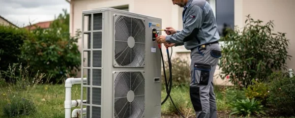 Technicien installant une pompe à chaleur extérieure dans le jardin d'une maison