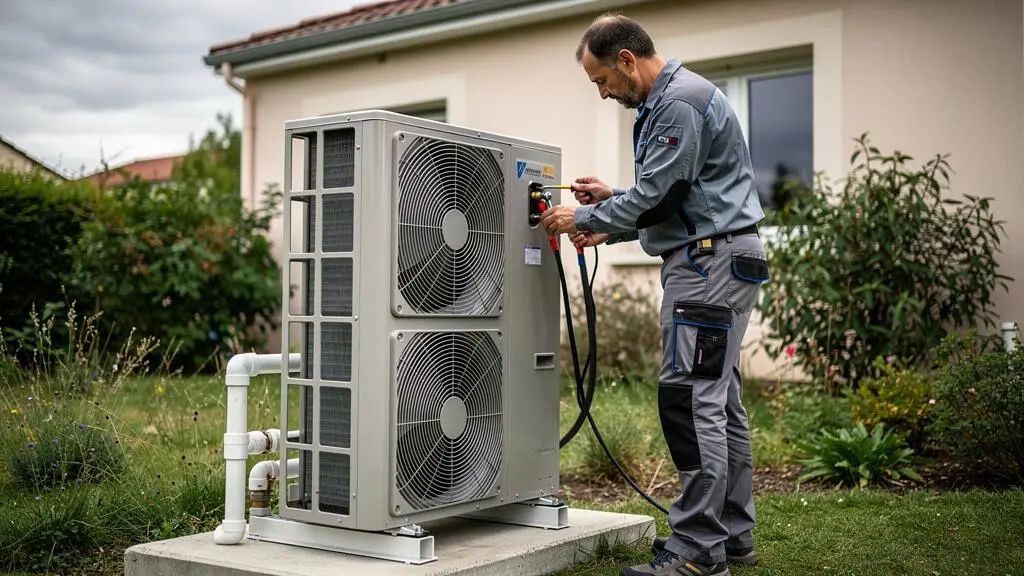 Technicien installant une pompe à chaleur extérieure dans le jardin d'une maison