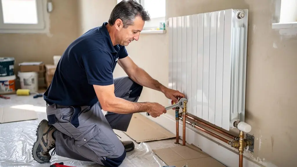 Installateur raccordant un radiateur basse température au circuit de chauffage dans une maison en rénovation