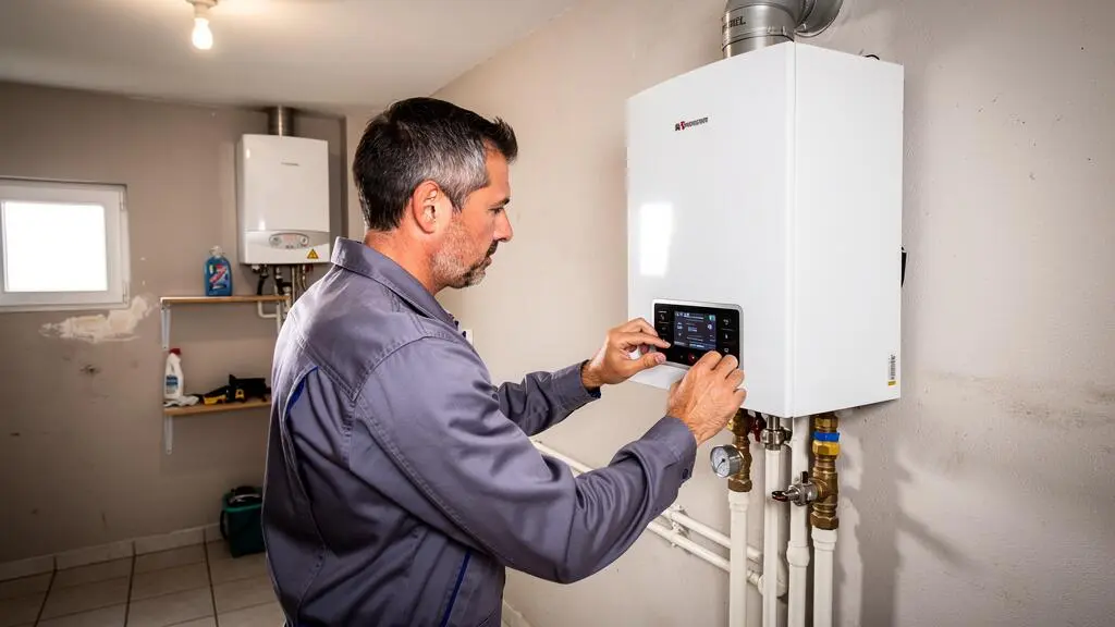 Technicien effectuant la maintenance d'une chaudière gaz murale dans une chaufferie résidentielle