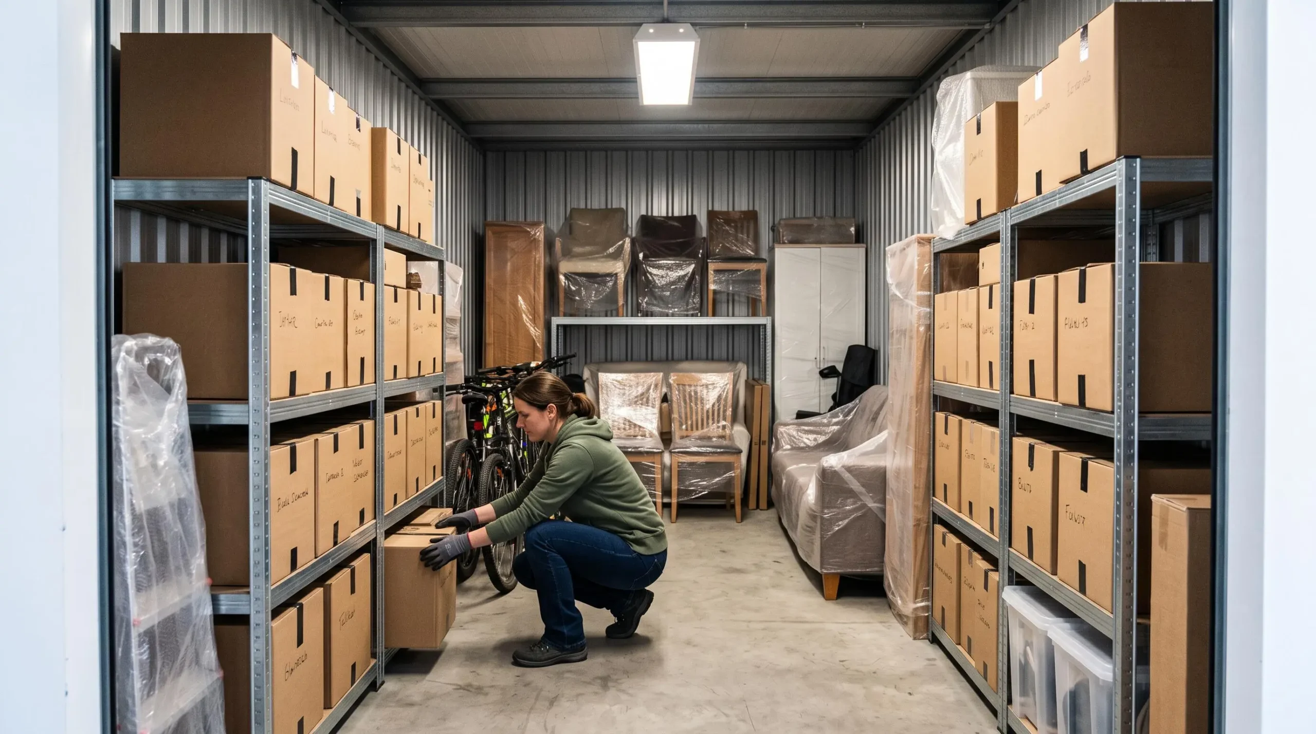Intérieur d'un box de self-stockage avec affaires rangées de manière organisée sur étagères