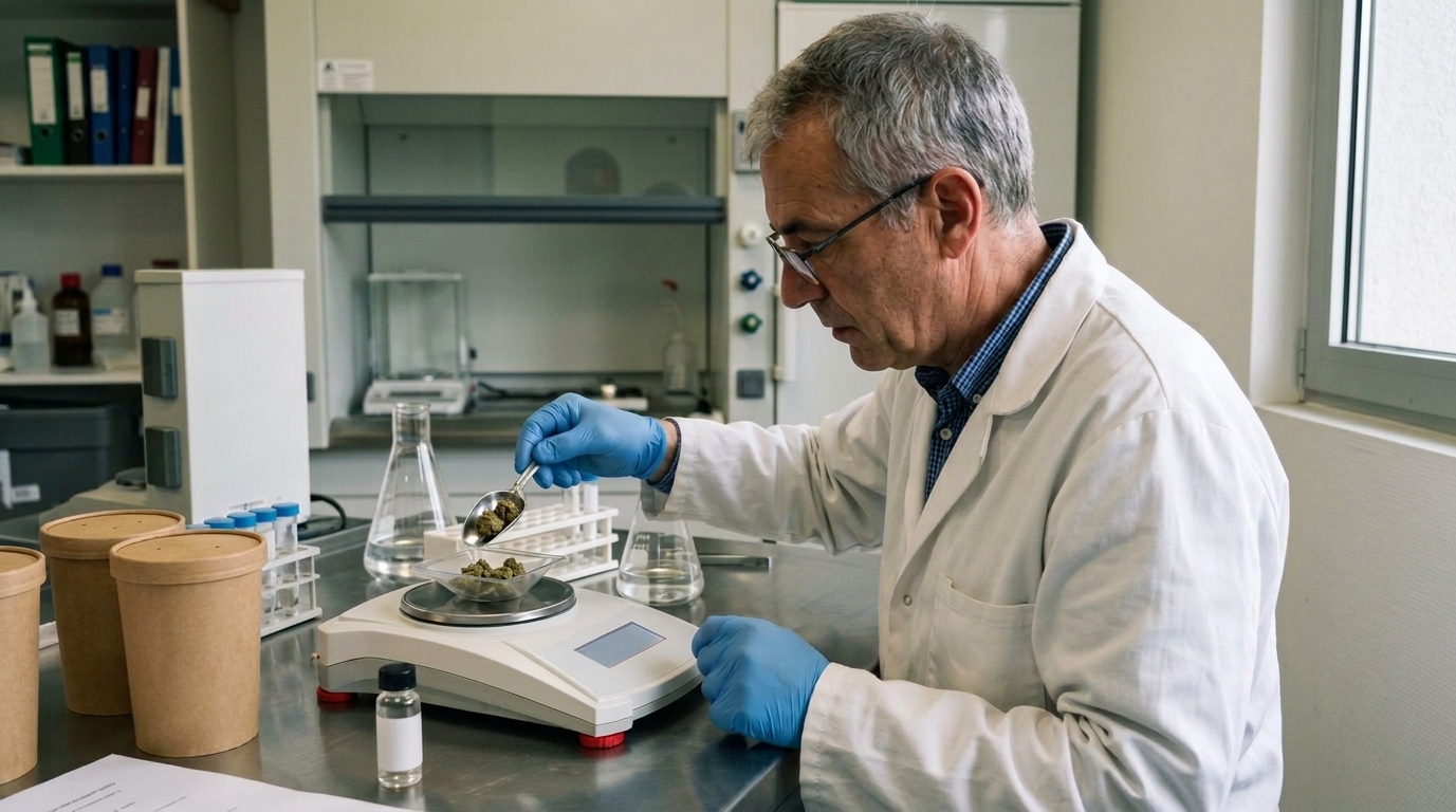 Un technicien pèse un échantillon de fleur de chanvre sur une balance de précision lors d'un contrôle qualité.