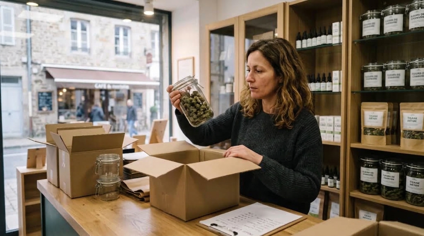 Une gérante de boutique examine un pot de fleurs CBD reçu d'une livraison en gros derrière son comptoir.