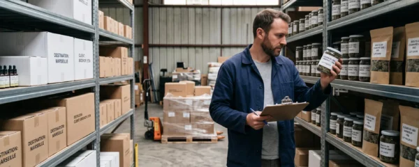 Un professionnel vérifie des contenants de produits CBD sur des étagères dans un entrepôt de grossiste.